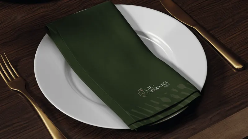 Guardanapo verde e talheres dourados à mesa